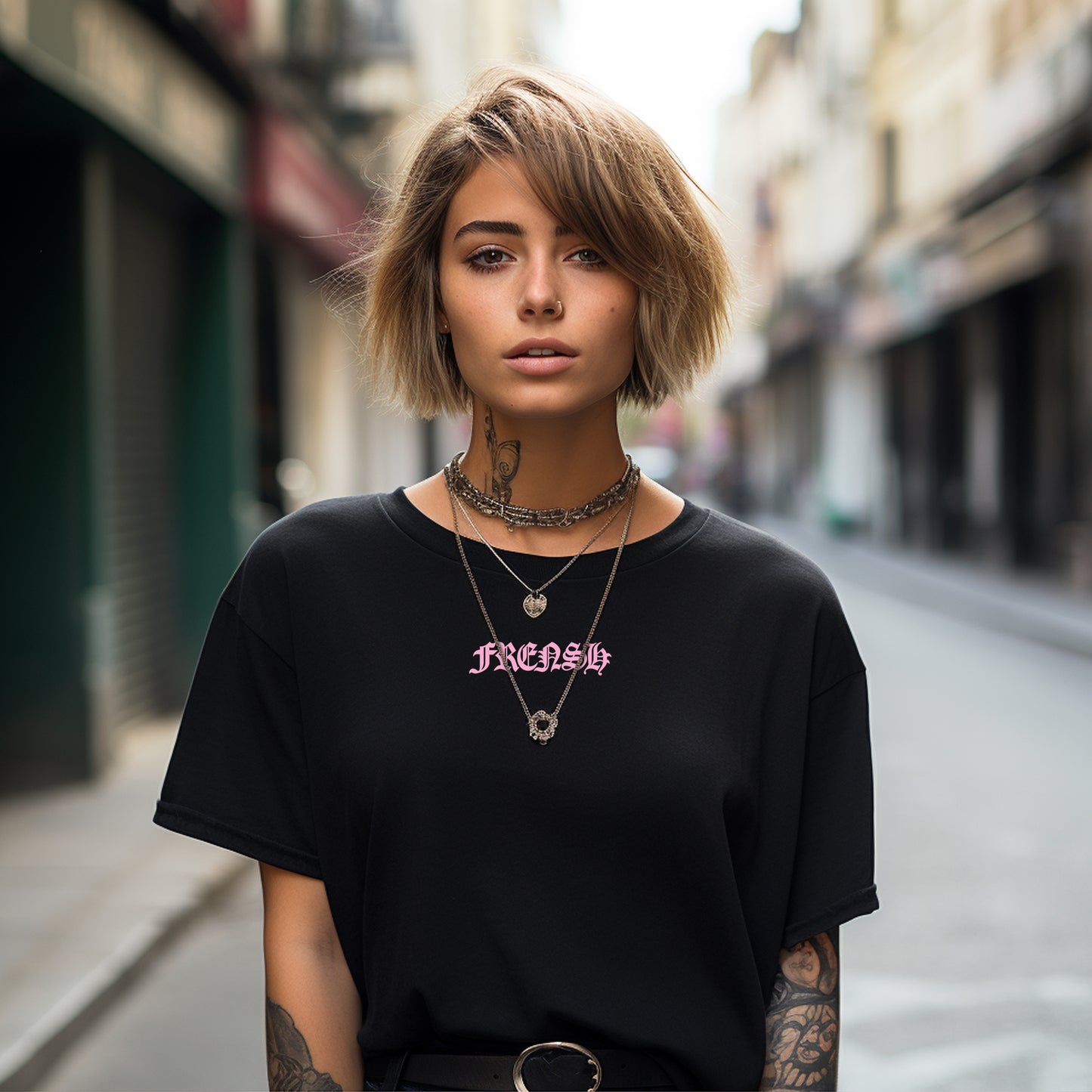 T-Shirt noir Oversize unisexe | Frensh logo gothique rose